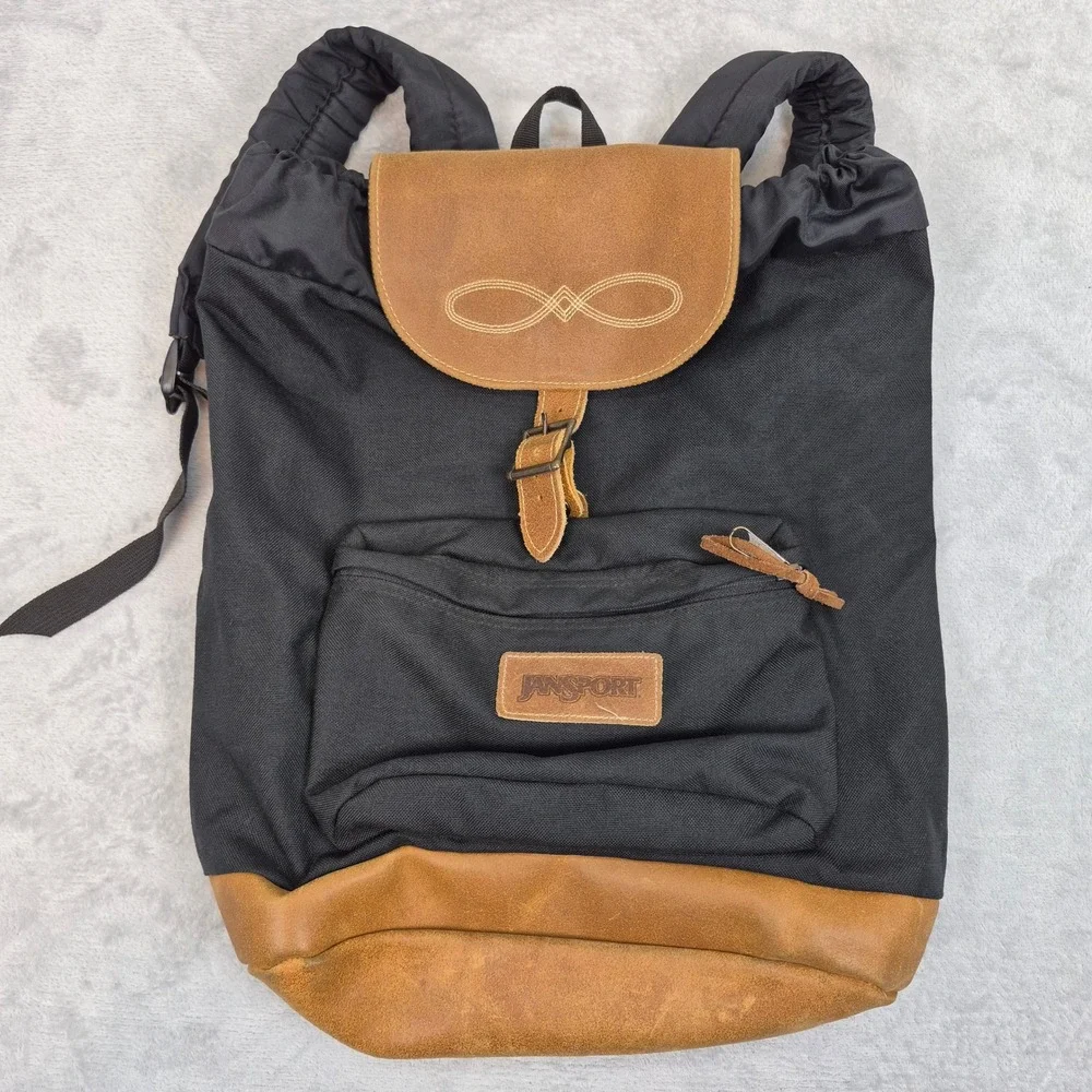 Vintage JanSport Backpack Black Canvas Tan Leather Bottom Rucksack Made in USA